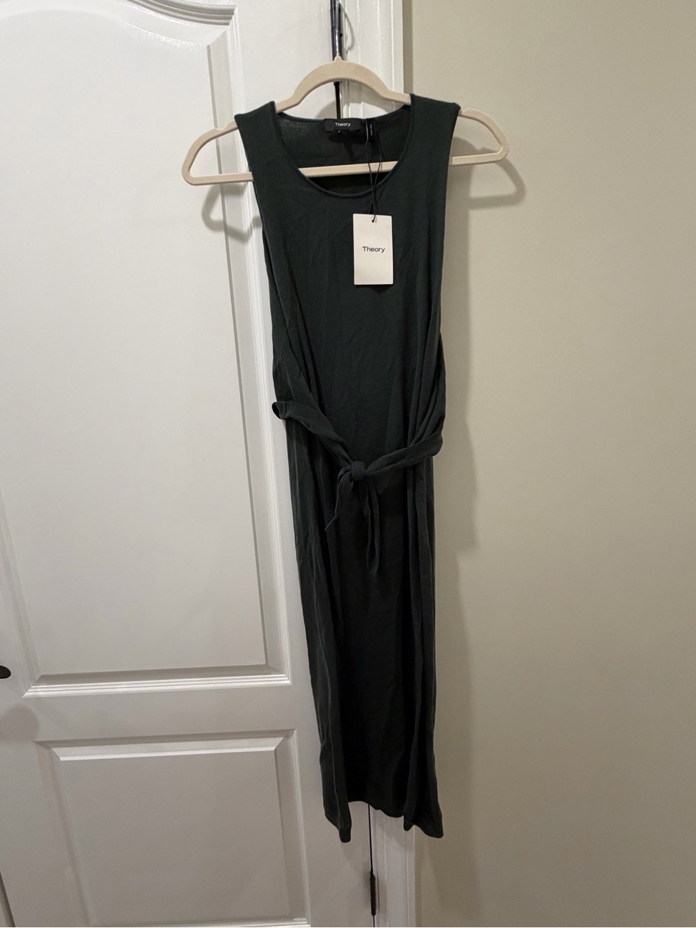 Theory Sleeveless Maxi Dress in Forest Green with Tie Waist